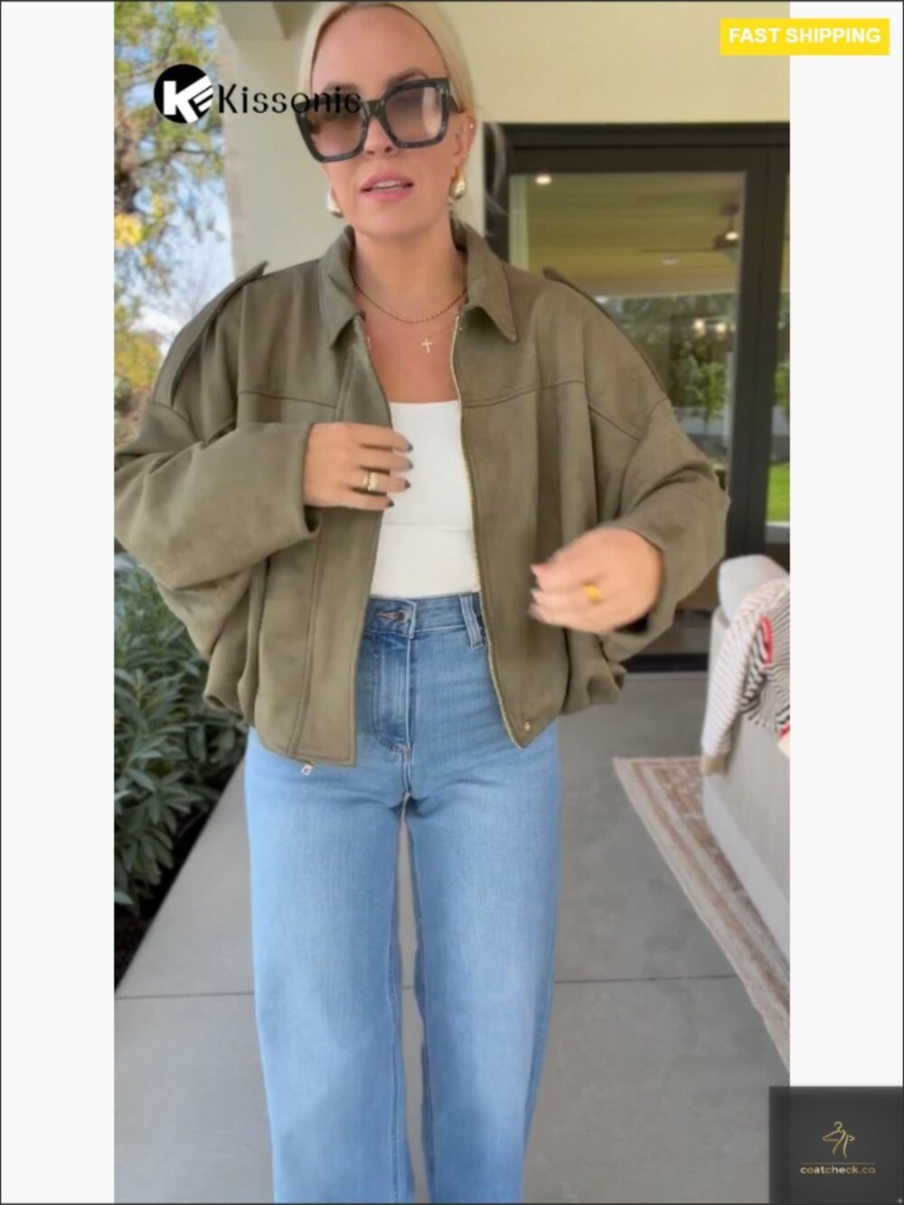 Oversized Faux Suede Bomber Jacket Cropped Batwing Long Sleeve Zip Up - Picture 7 of 7